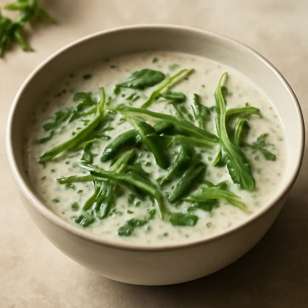 Warm Kefir Soup with Arugula and Green Beans