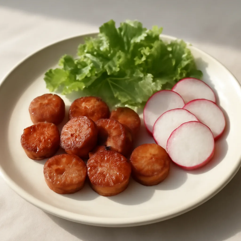 Fried sausages with crunchy radish and leaf lettuce