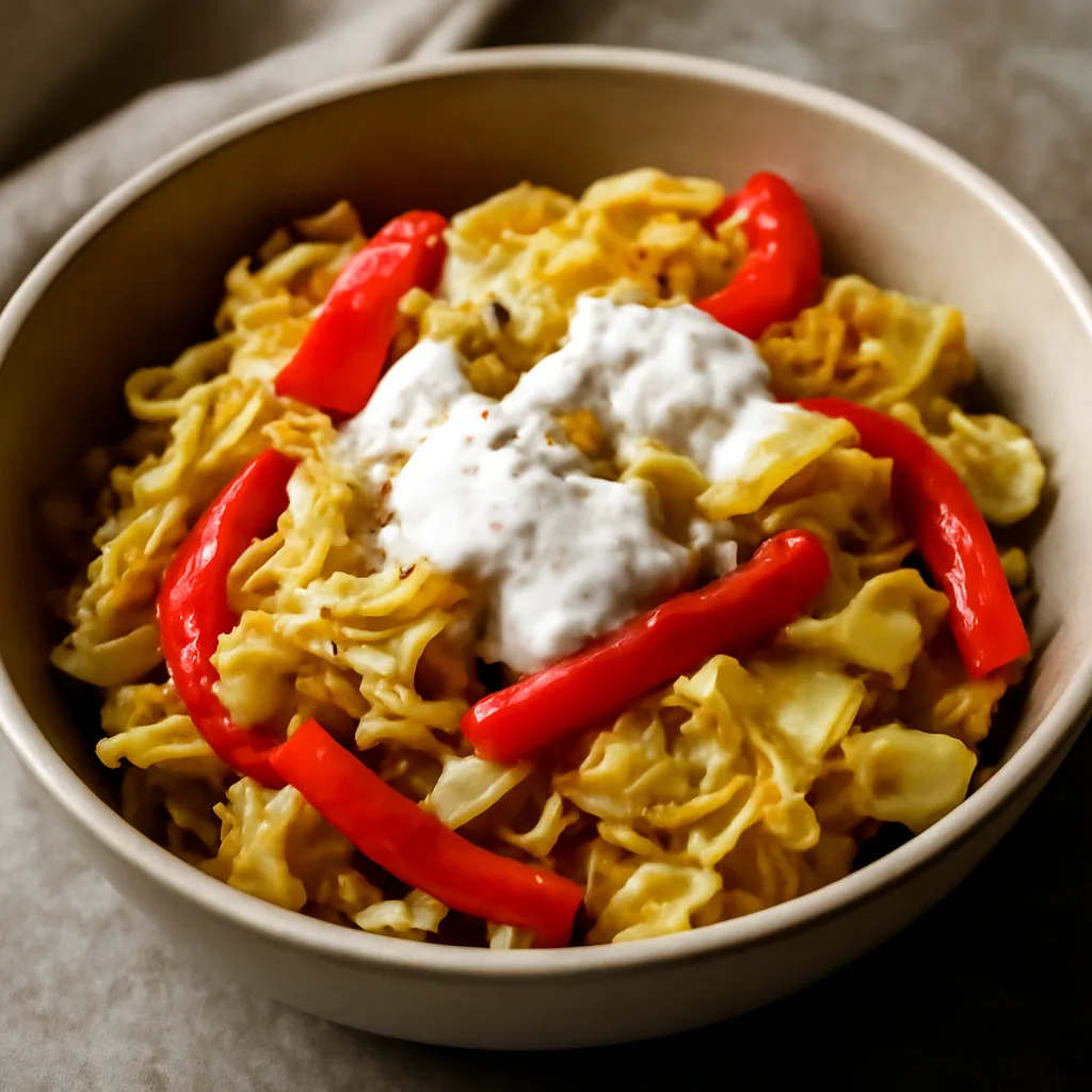Warm Cabbage Salad with Bell Pepper and Yogurt Dressing