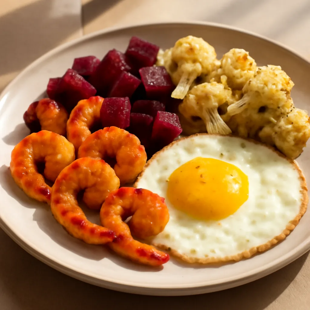 Shrimp breakfast with beetroot and cauliflower