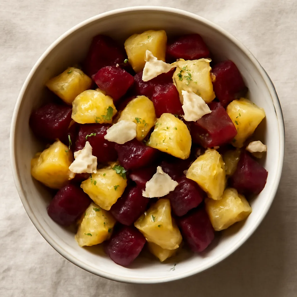 Warm Potato Salad with Beetroot and Hard Cheese
