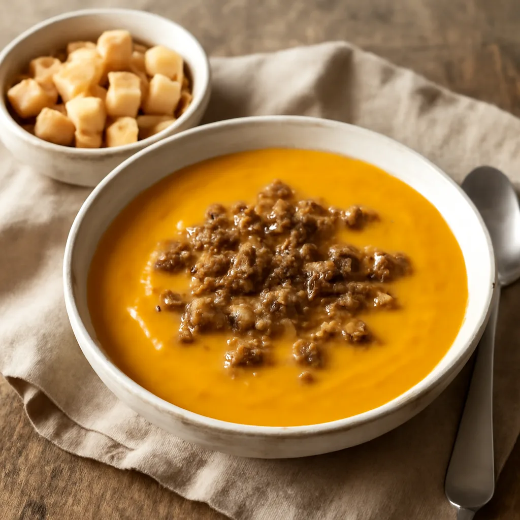 Pumpkin Soup with Ground Beef and Bread