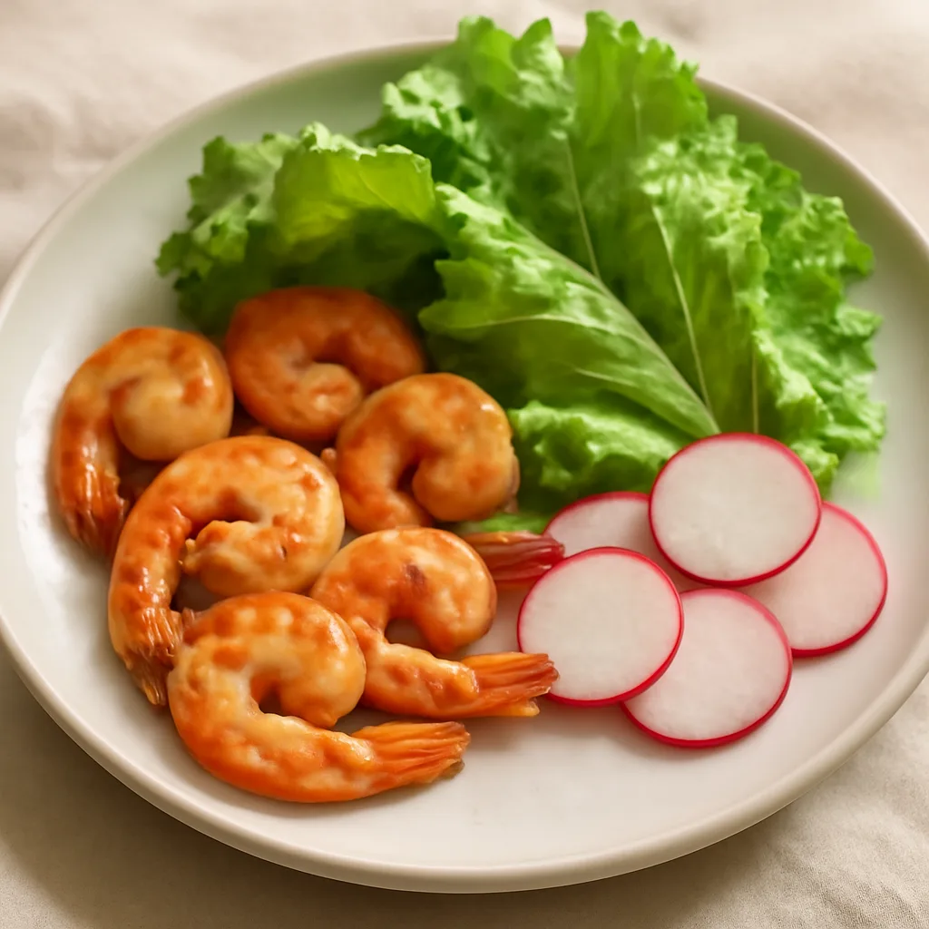 Pan-Fried Shrimp with Leaf Lettuce and Radish
