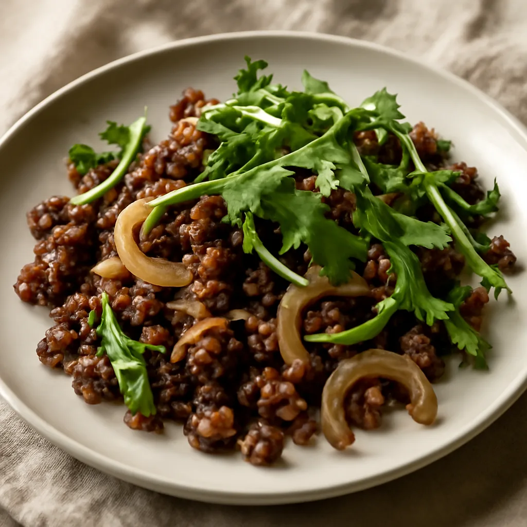 Pan-fried ground beef with onion and arugula