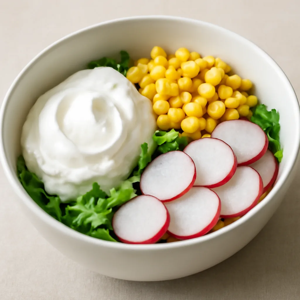 Greek yogurt, corn, and radish salad