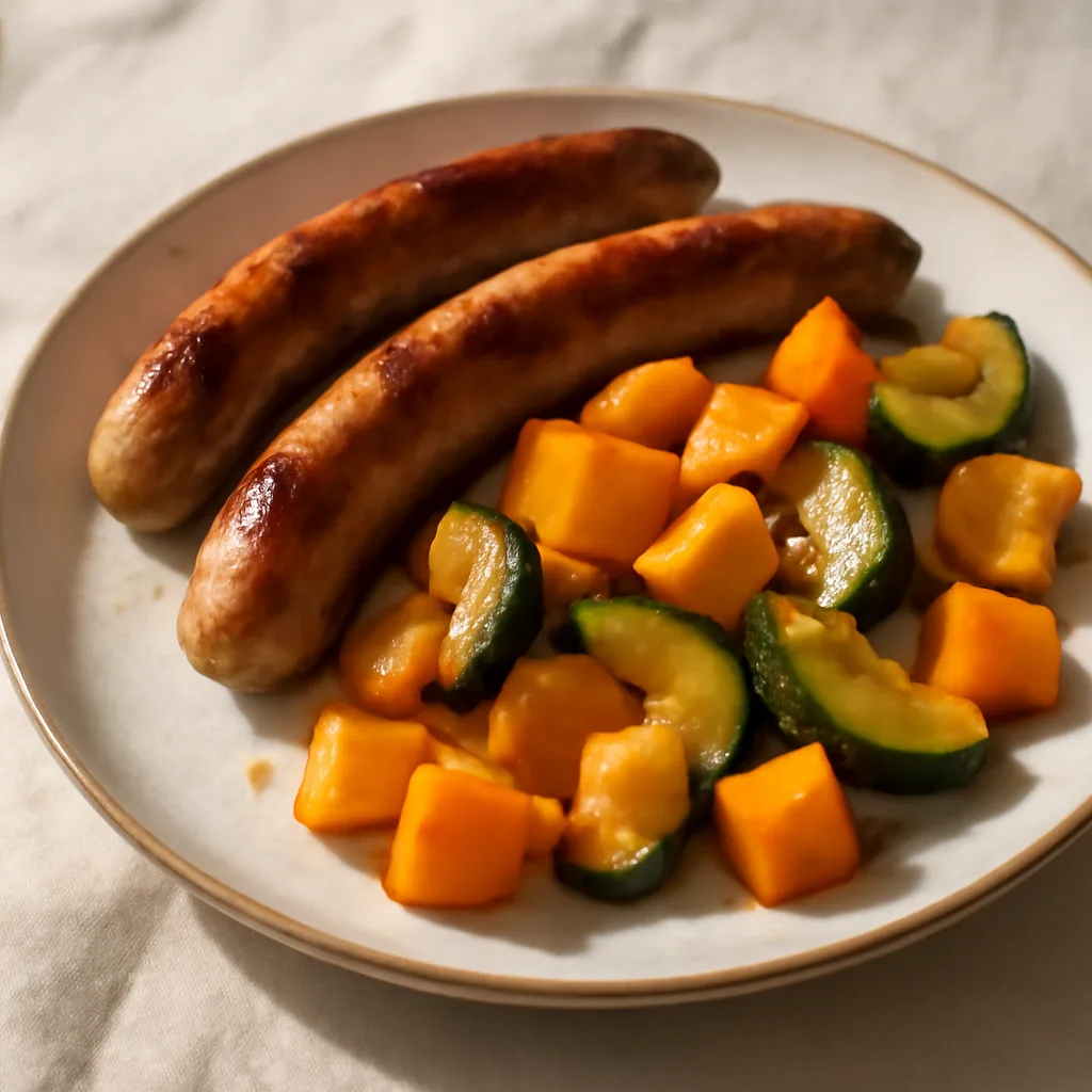 Fried sausages with pumpkin and zucchini