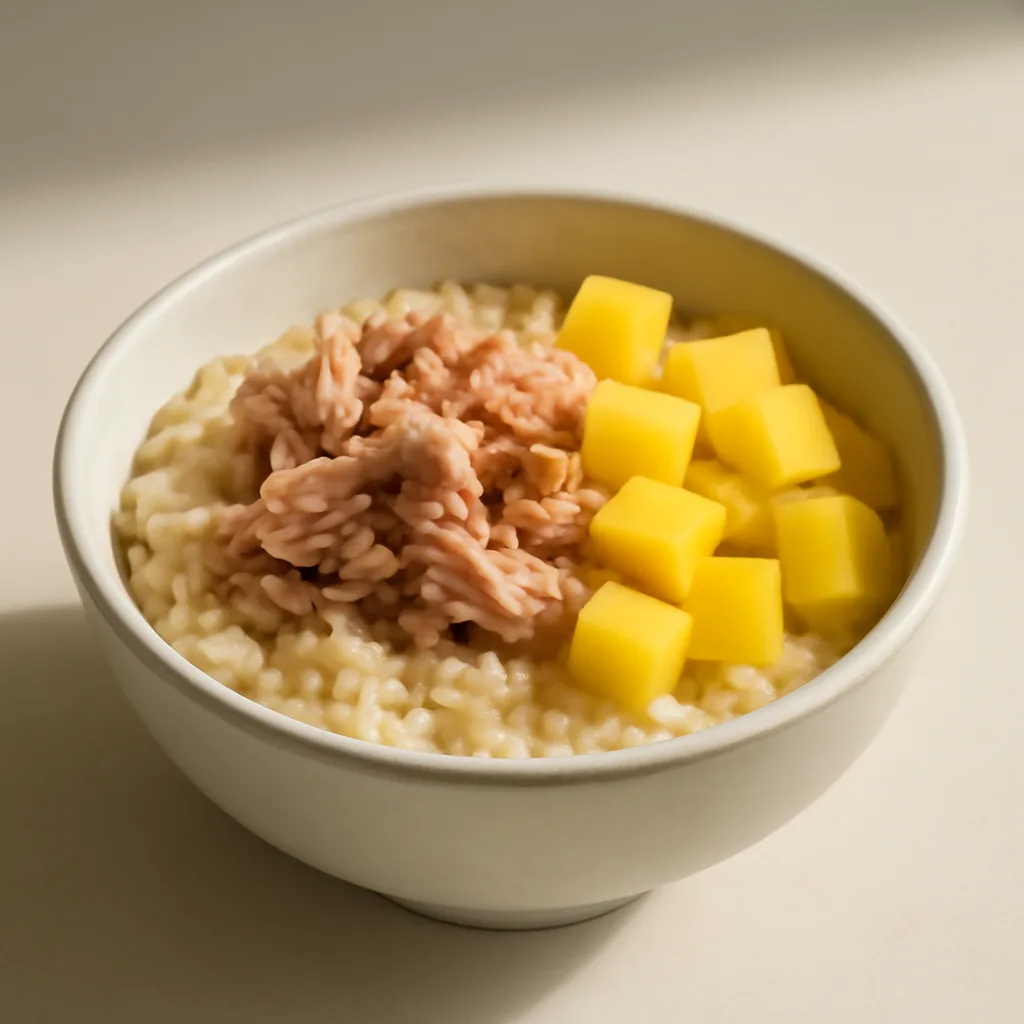 Warm Oatmeal with Tuna and Mango