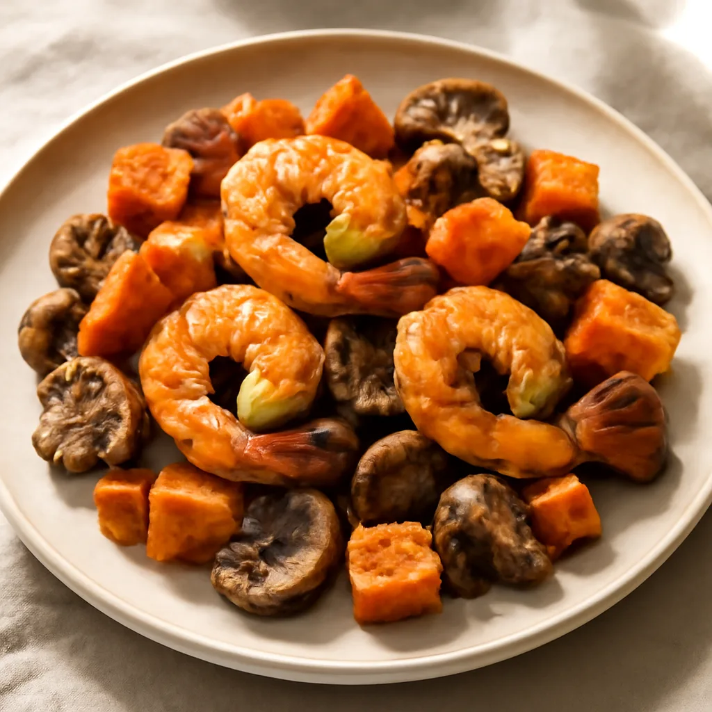 Pan-fried shrimp with mushrooms and sweet potato