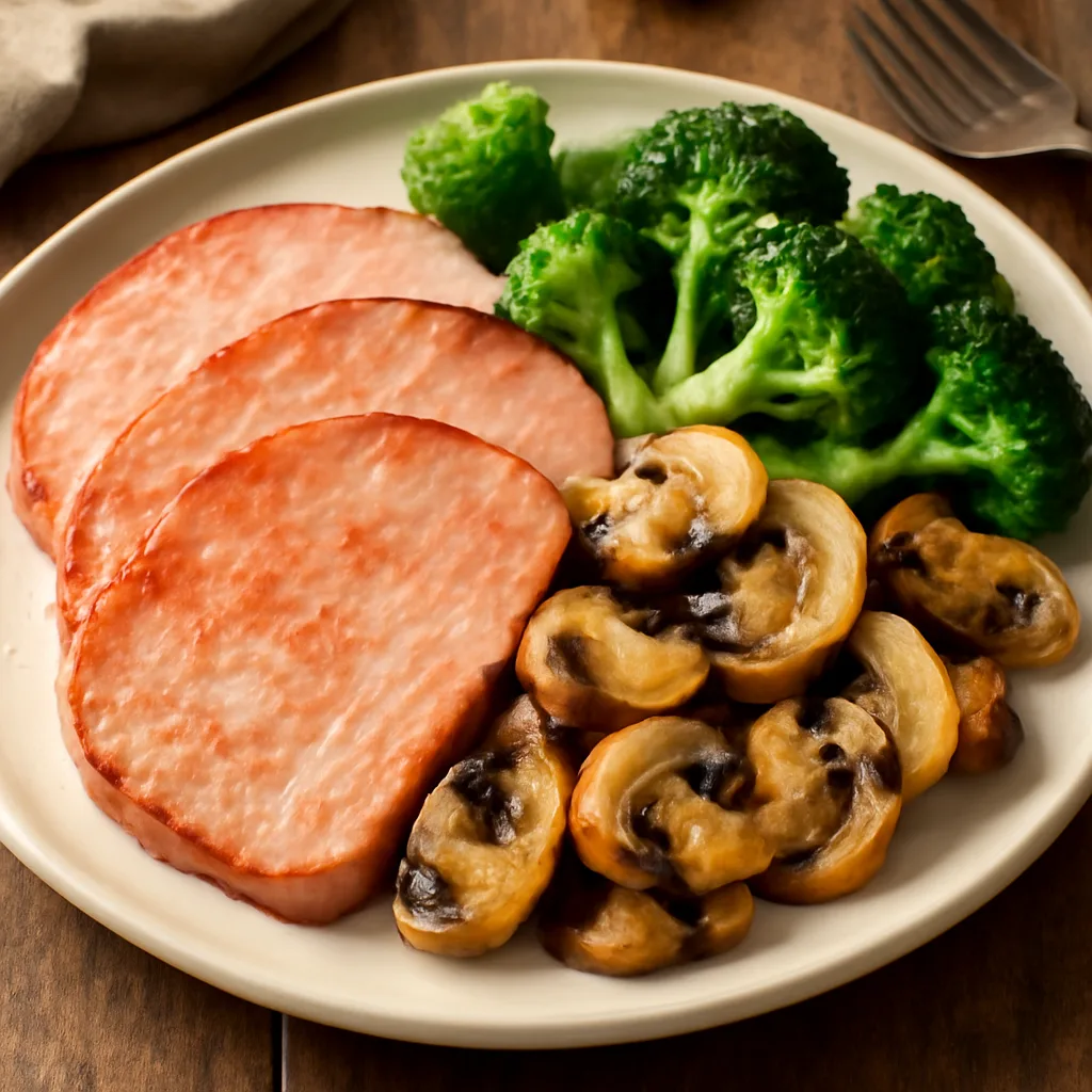 Fried Lean Ham with Mushrooms and Broccoli