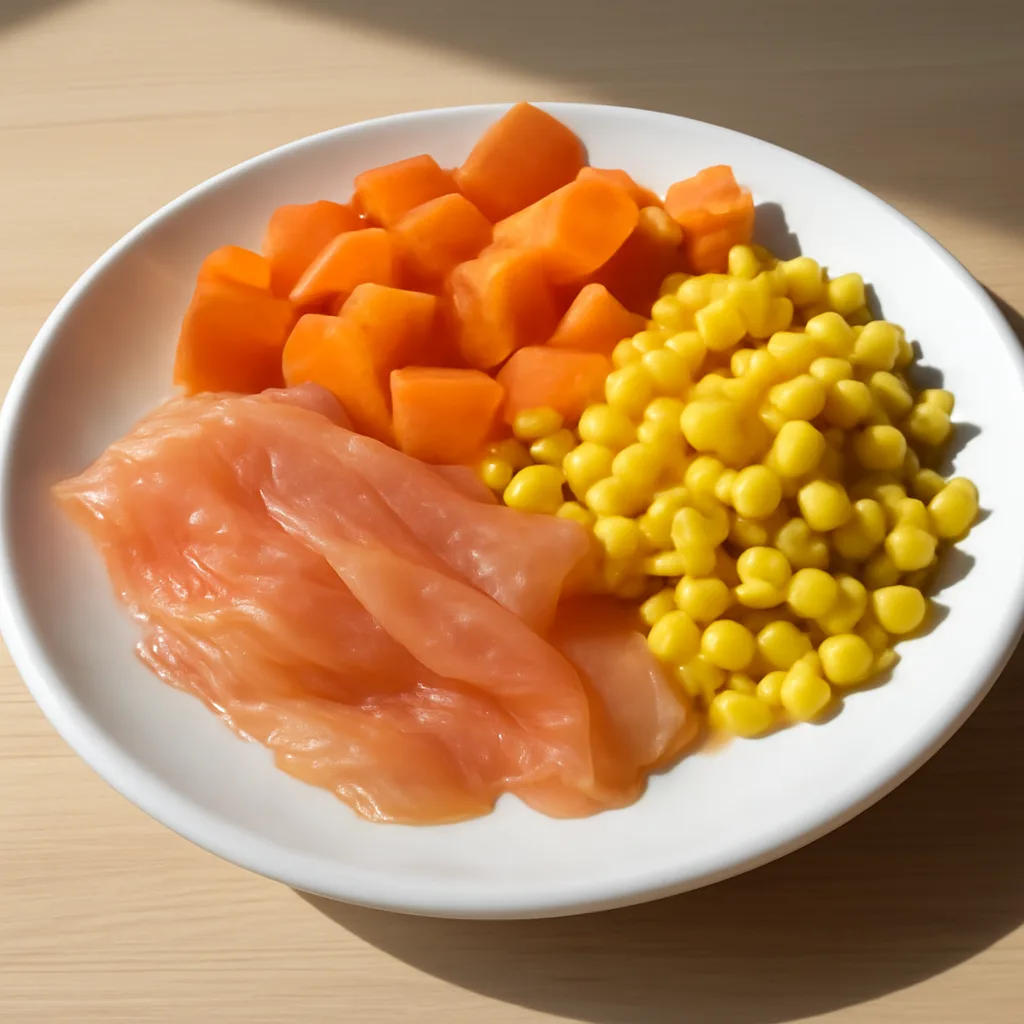 Breakfast with lightly salted salmon, sweet potato, and corn