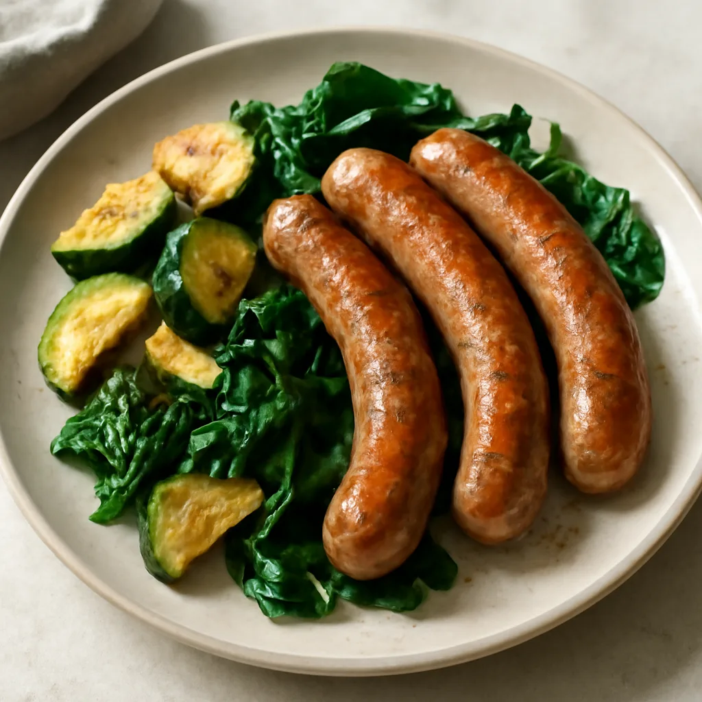 Fried Sausages with Zucchini and Spinach