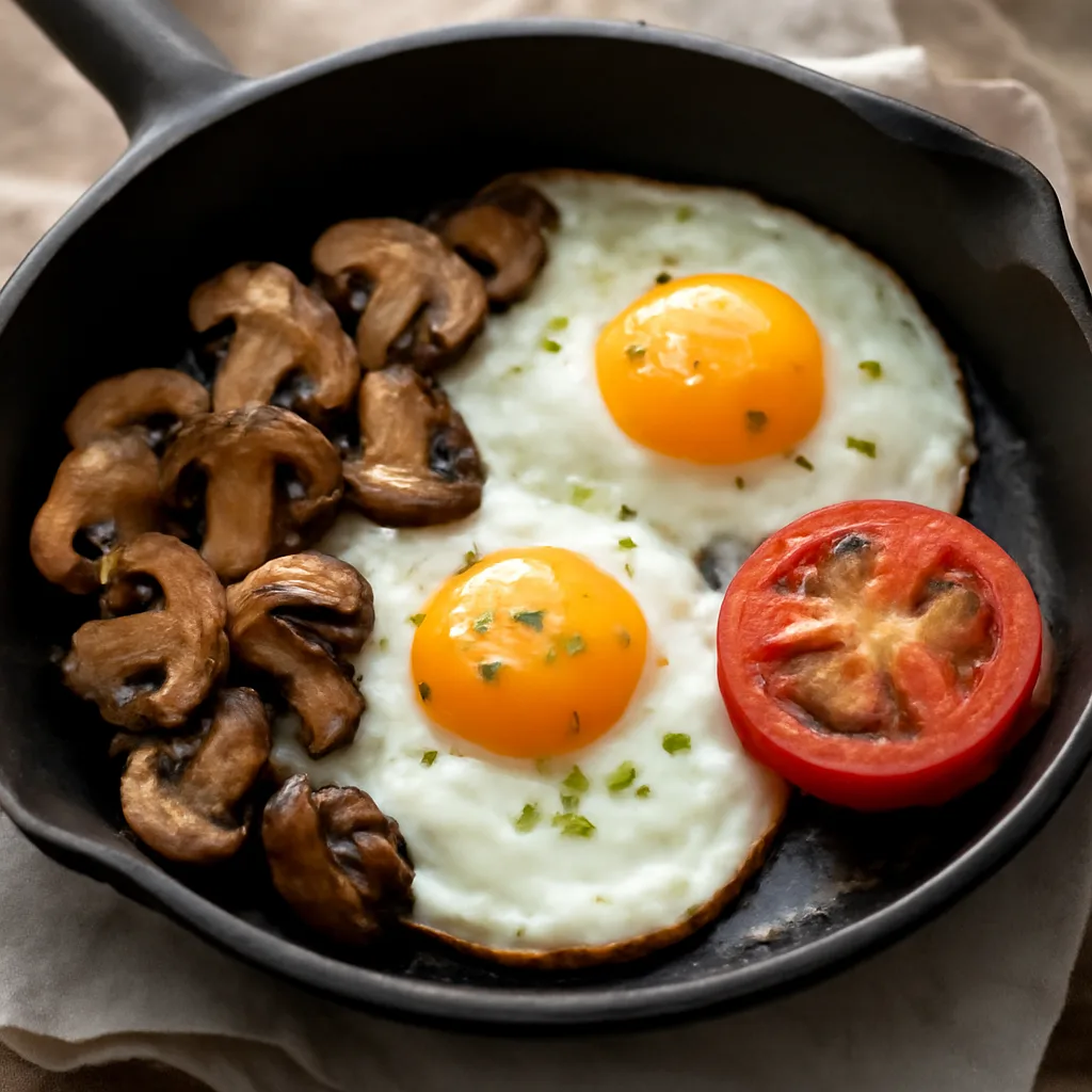 Fried eggs with mushrooms and tomato