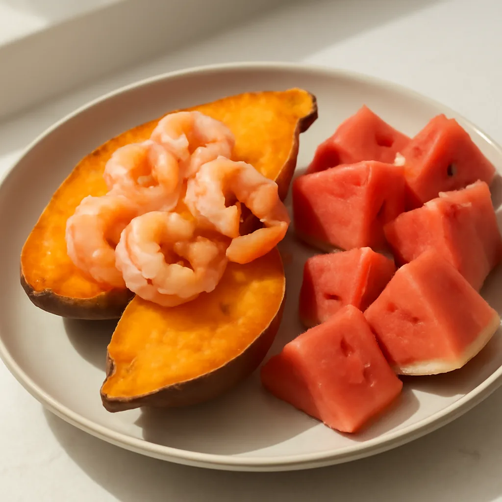 Boiled Sweet Potato with Shrimp and Watermelon
